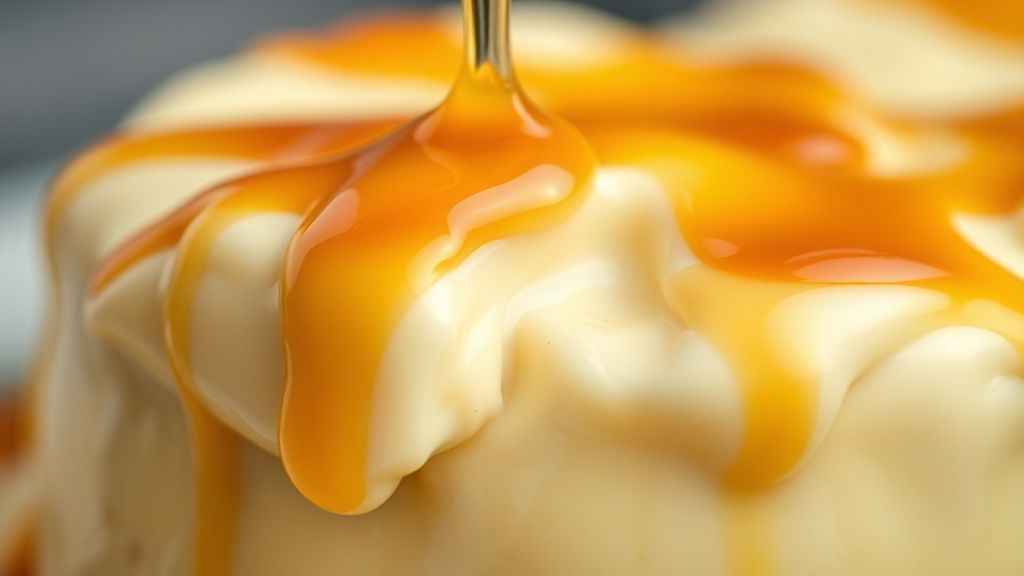 Close-up do pudim pronto com calda escorrendo e textura cremosa evidente