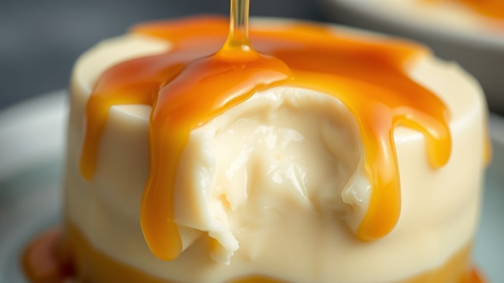 Close-up do pudim pronto com calda escorrendo e textura cremosa