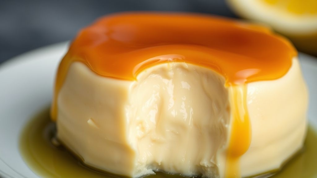 Close-up do pudim de limão cremoso com colheres mostrando textura aveludada e calda dourada