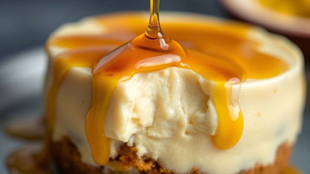 Close-up destacando a textura lisa e a calda dourada escorrendo sobre o pudim