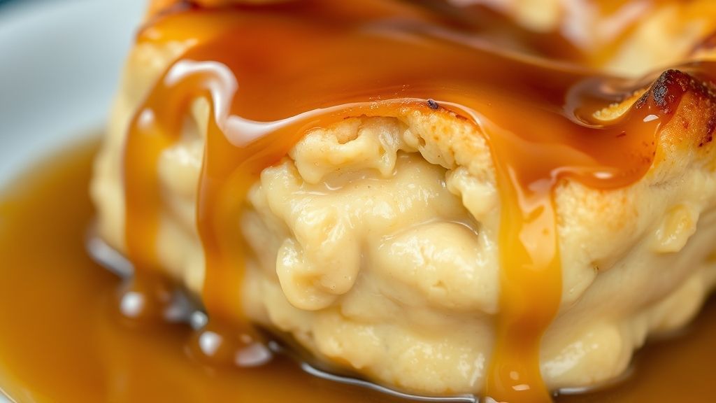 Close-up do pudim de pão com calda escorrendo e textura macia em destaque.