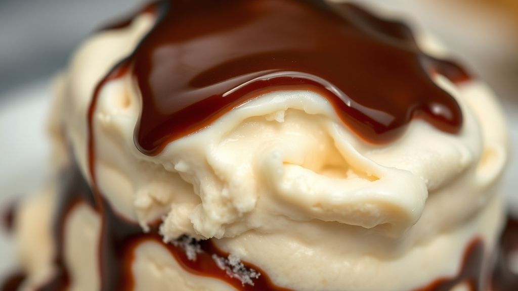 Close-up do pudim de sorvete servido com calda brilhante destacando a textura cremosa