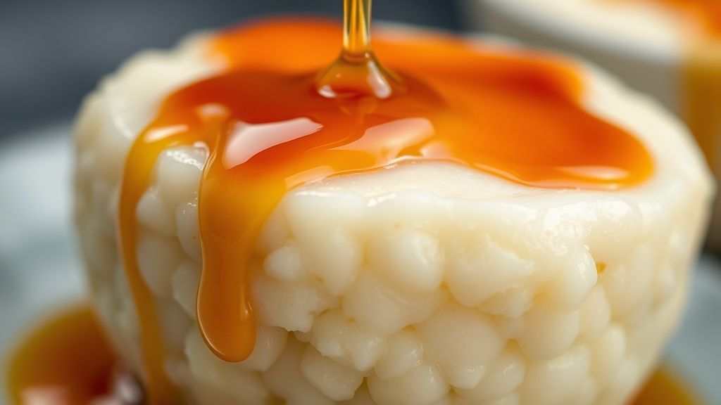 Close-up do pudim pronto, destacando a textura cremosa e a calda de caramelo escorrendo.