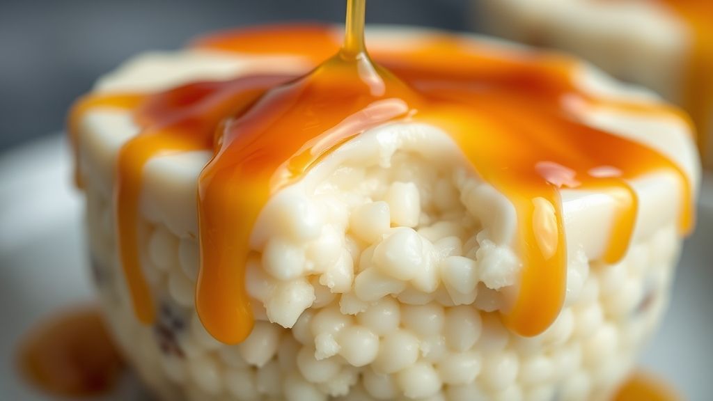 Close-up do pudim pronto com textura macia e calda escorrendo pelo topo