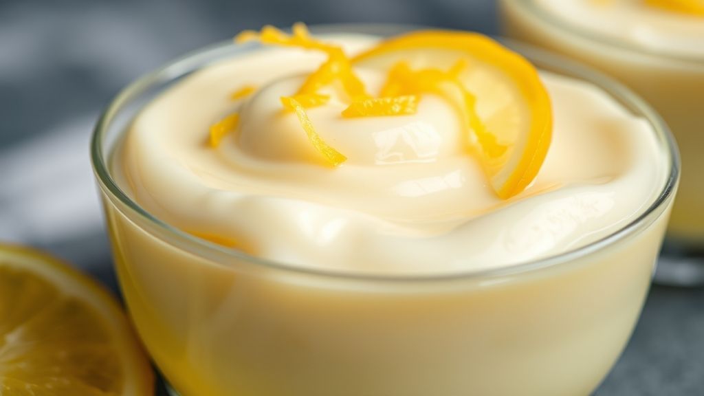 Close-up do pudim pronto, textura firme e cremosa, com raspas de limão e brilho na superfície