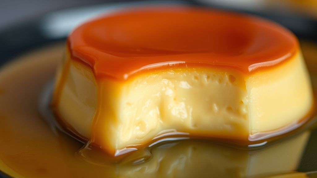 Close-up do pudim finalizado, mostrando o brilho do caramelo e a textura firme e cremosa.