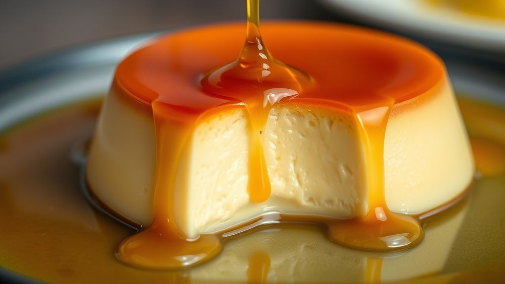 Close-up de um pedaço do pudim sendo servido, destacando textura cremosa e calda escorrendo.