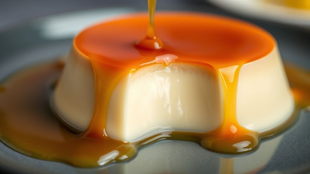 Close-up do pudim pronto com textura perfeita e calda escorrendo pelas laterais