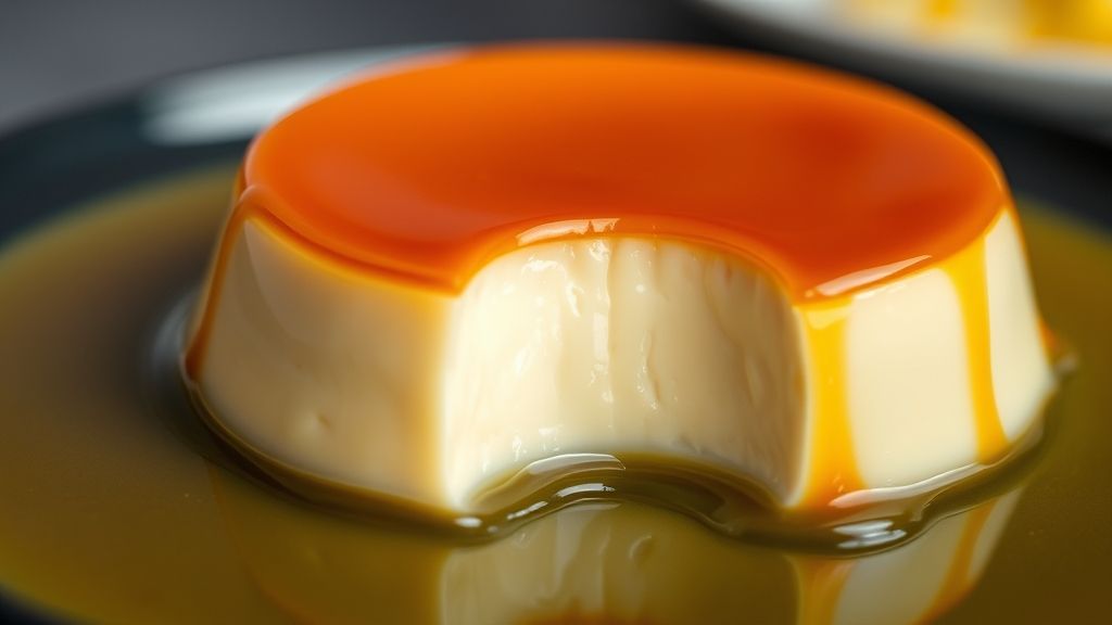 Close-up do pudim sem leite fatiado, mostrando textura lisa e calda brilhante