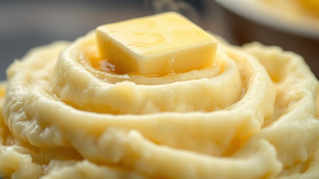 Close-up do purê de batata cremoso mostrando textura suave e pedaço de manteiga derretendo.