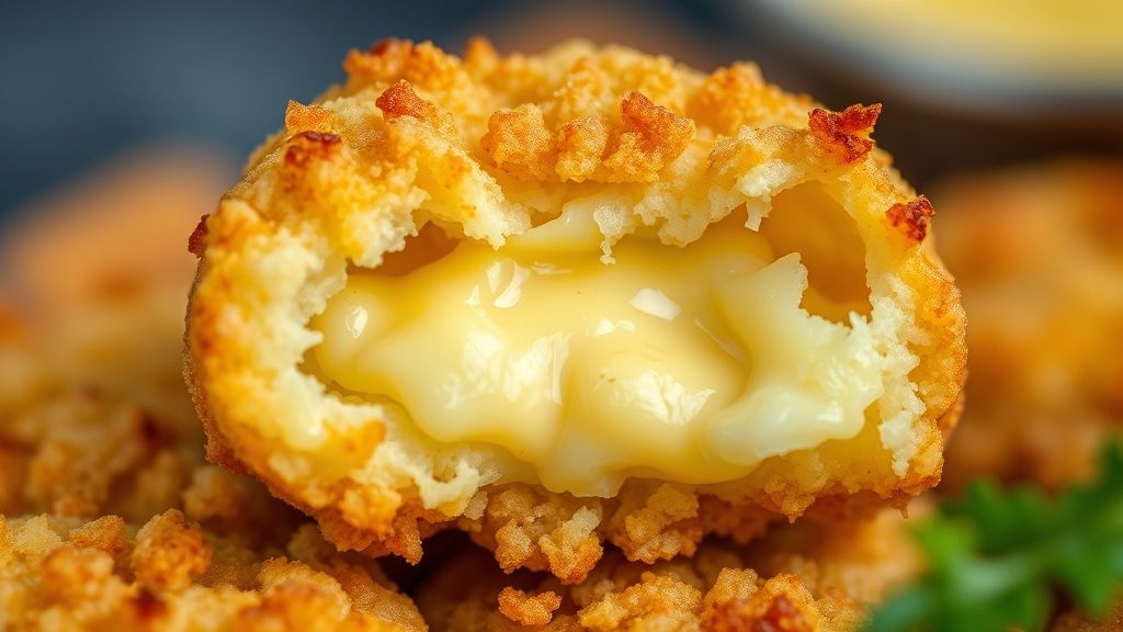 Close-up mostrando a casquinha crocante e interior derretido do queijo coalho empanado