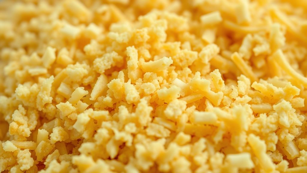 Close-up do queijo vegetal pronto, com textura granulada e levemente dourada