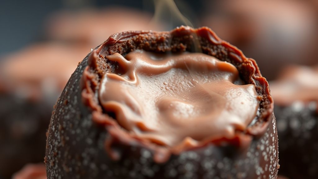 Close-up do brigadeiro mole pronto, com brilho e textura lisa destacada