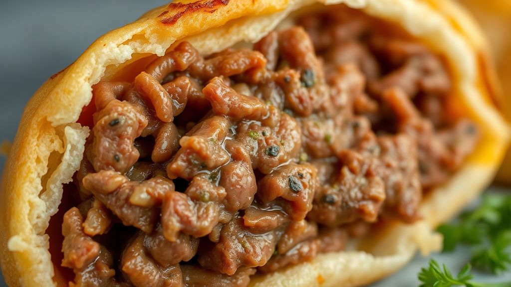 Close-up da carne refogada com textura úmida e especiarias visíveis