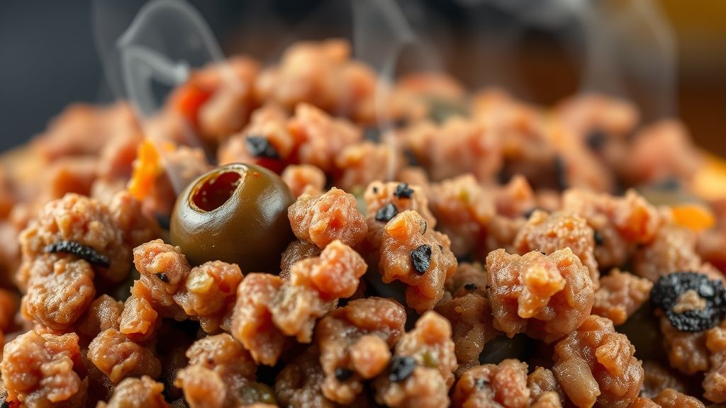 Close-up do recheio de carne moída com azeitona finalizado, mostrando brilho, textura e pedaços de azeitona