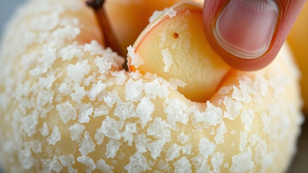 Close-up das fatias de maçã com leve camada de cristais de gelo, destacando textura firme e cor natural