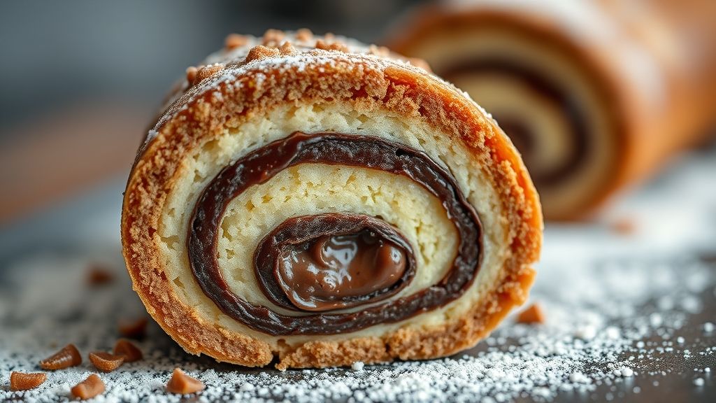 Close-up do rocambole pronto, destacando o recheio de chocolate e textura fofa da massa