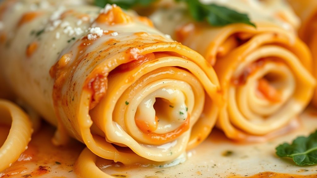 Close-up de um rondelli cortado mostrando camadas de queijo derretido e molho cremoso