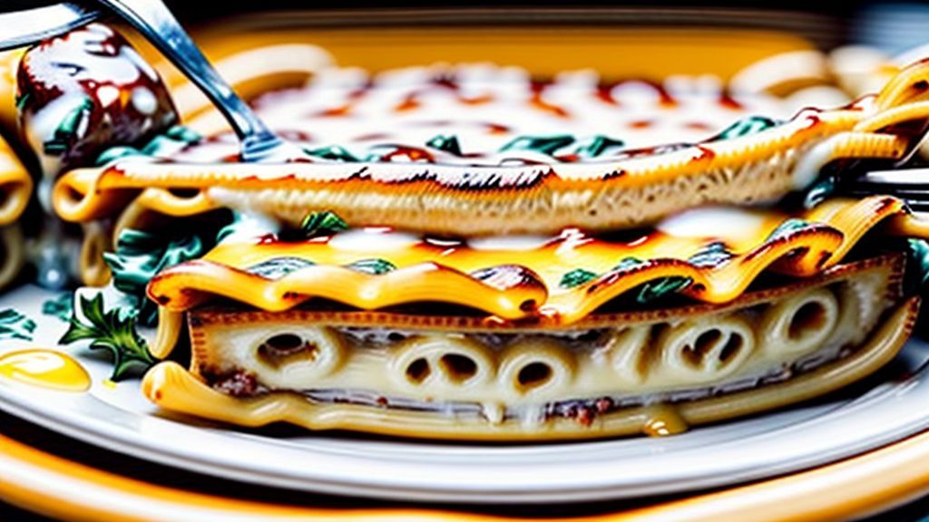 Close-up do rondelli cortado ao meio, mostrando o interior cremoso e o queijo derretido