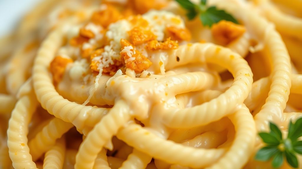 Close-up do rondelli com molho branco gratinado, mostrando a textura cremosa e o parmesão dourado