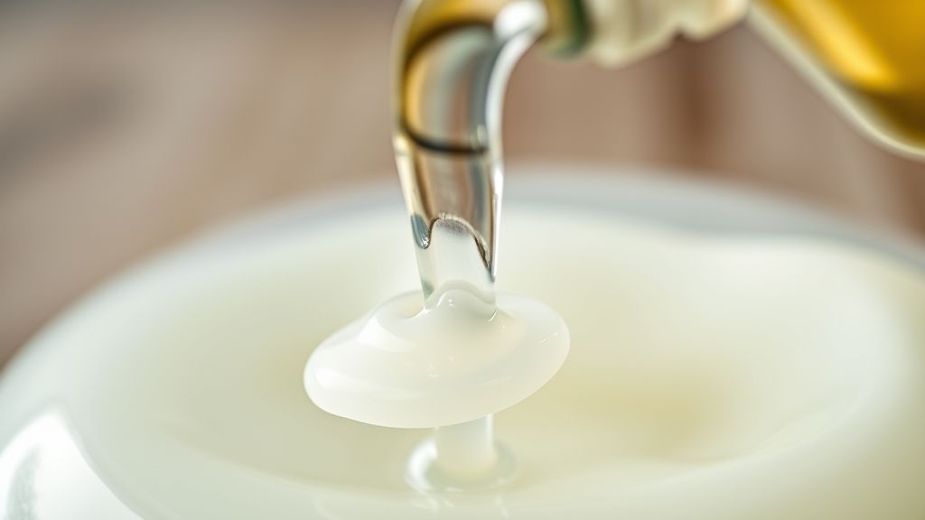 Close-up do sabão líquido caseiro pronto sendo despejado de uma garrafa, mostrando textura homogênea