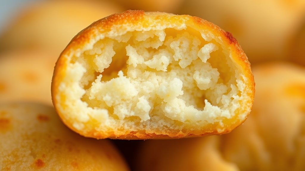 Close-up de um salgado pronto, mostrando a crosta dourada e a textura interna macia