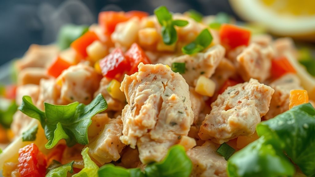 Close-up do salpicão tradicional cremoso com batata palha e cheiro-verde, mostrando a textura fresca e colorida