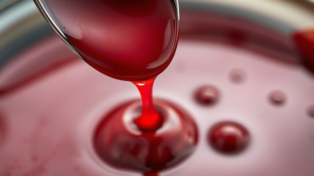 Close-up do sangue falso comestível escorrendo lentamente em colher, mostrando textura e brilho realista
