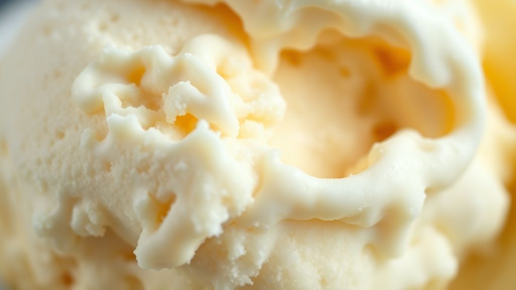 Close-up do sorvete caseiro pronto, textura lisa e cremosa com calda escorrendo