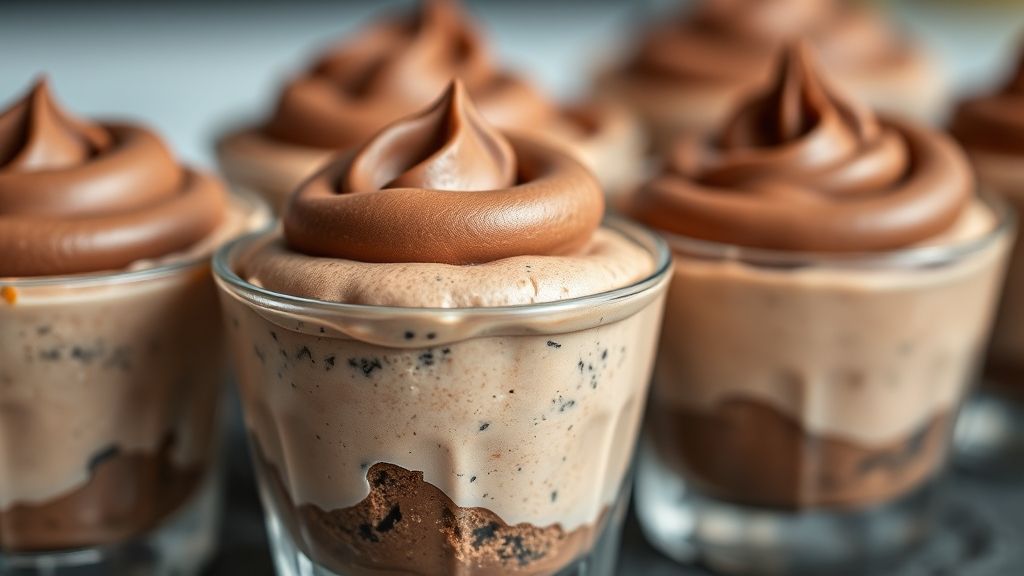 Close-up mostrando a textura cremosa e o contraste entre a base branca e a ganache de chocolate