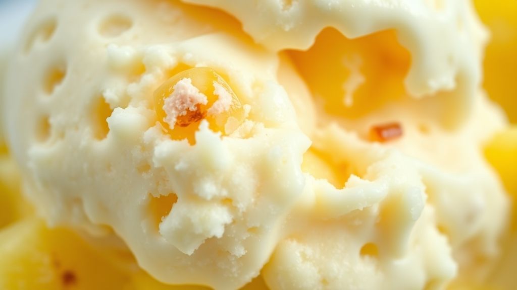 Close-up da textura cremosa do sorvete de abacaxi pronto, com pedacinhos de fruta e coco, em uma taça gelada.