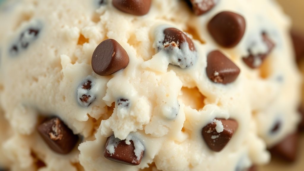 Close-up do sorvete mostrando a textura cremosa e os pedacinhos de chocolate distribuídos.