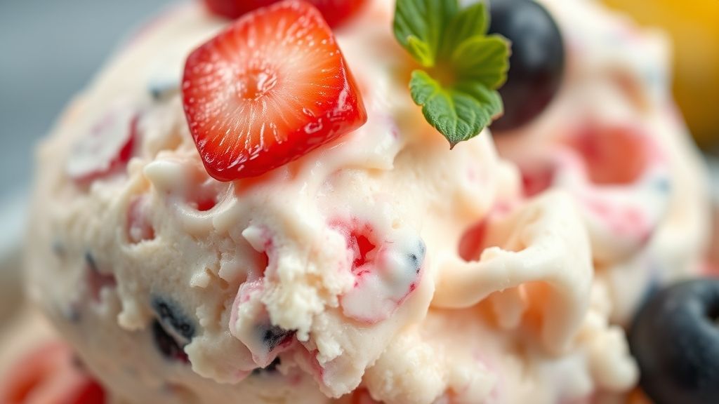 Close-up do sorvete saudável mostrando a textura cremosa e as frutas frescas por cima.