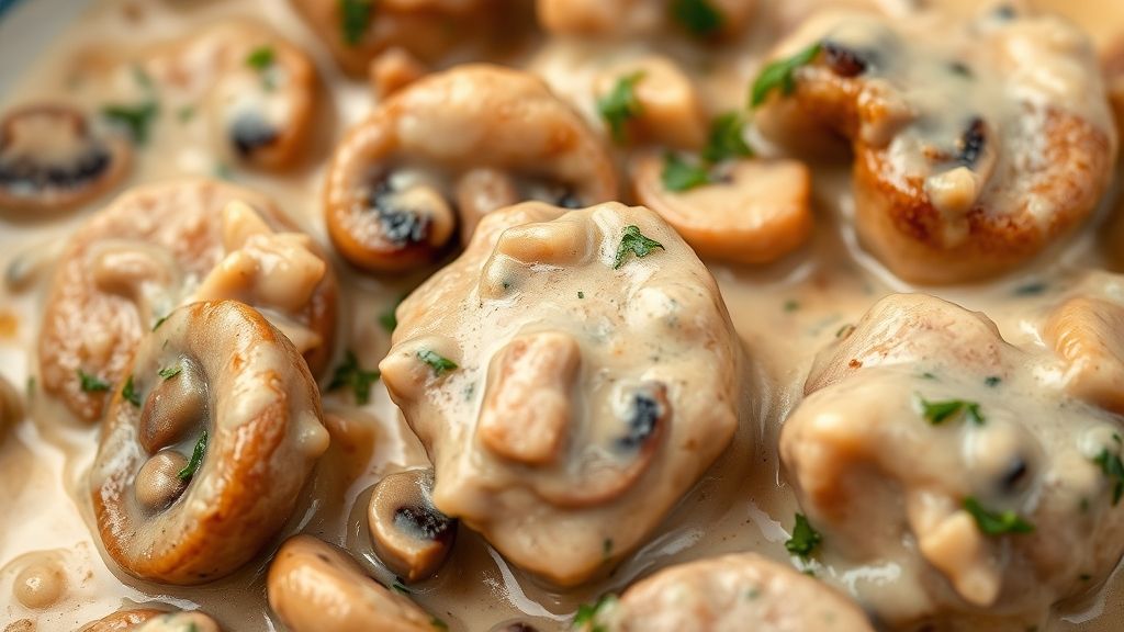 Close-up mostrando a textura cremosa do strogonoff de carne de porco pronto.