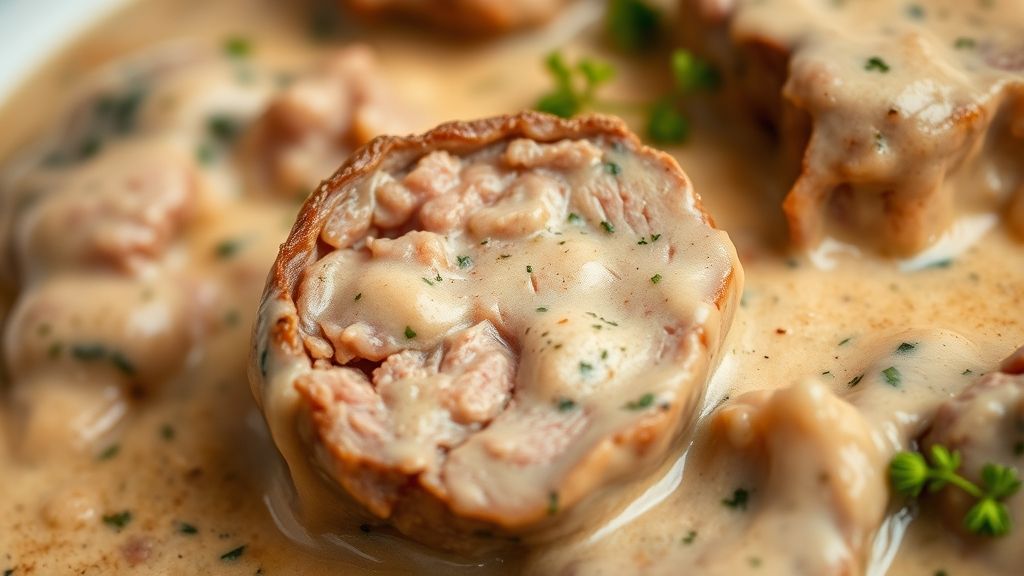 Close-up do strogonoff pronto, mostrando a textura cremosa do molho e a carne suculenta