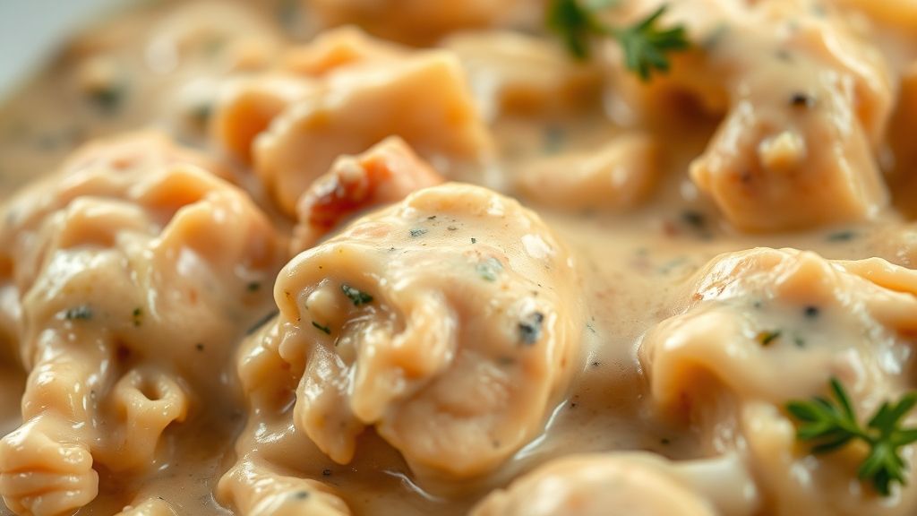 Close-up do strogonoff de frango cremoso, com textura aveludada e champignons visíveis.