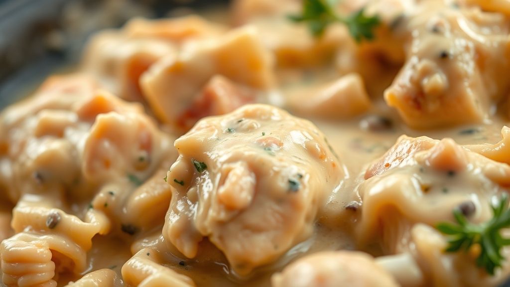 Close-up do strogonoff de frango pronto, destacando o molho cremoso e pedaços de frango suculentos.