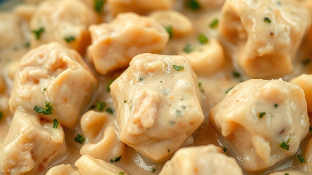 Close-up do strogonoff pronto, ressaltando a cremosidade e pedaços de frango