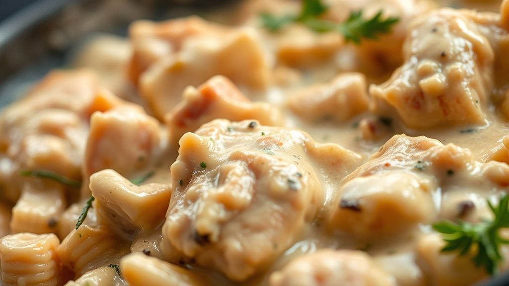 Close-up do strogonoff cremoso pronto, destacando a textura e o brilho do molho