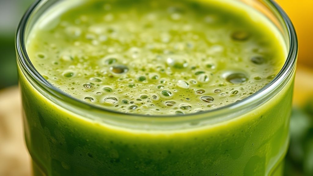 Close-up do copo de suco detox com bolhas e textura cremosa, decorado com folhas frescas