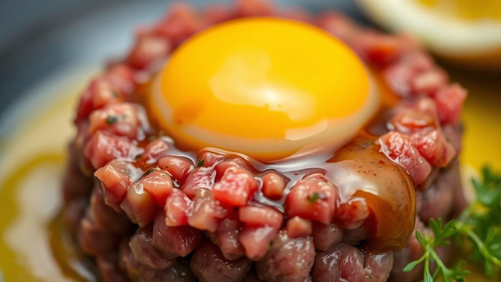 Close-up da textura do tartar de carne, com gema e temperos visíveis.