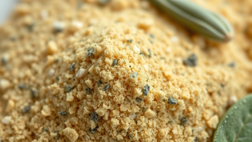 Close-up do tempero caseiro em pó, mostrando textura fina e tons amarelo-esverdeados.