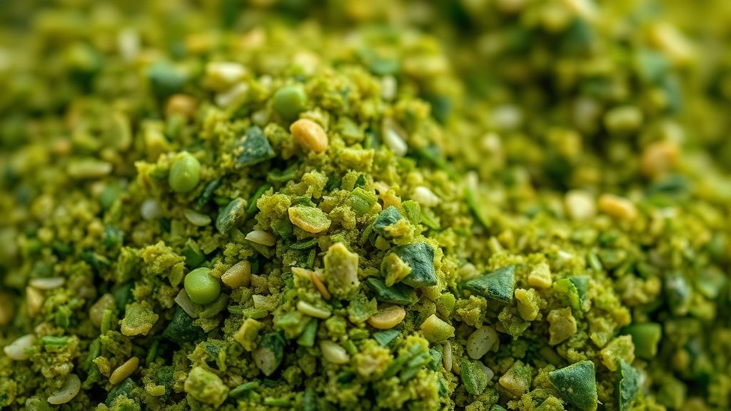 Close-up da textura cremosa do tempero verde em uma colher sobre o pote