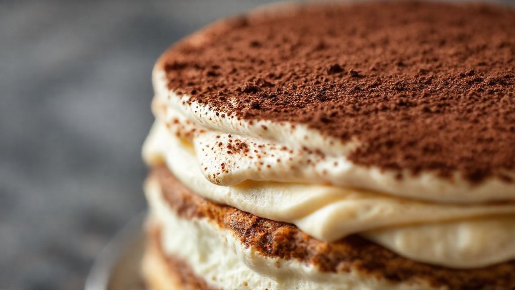 Close-up do tiramisù pronto, destacando camadas cremosas e o cacau polvilhado no topo.