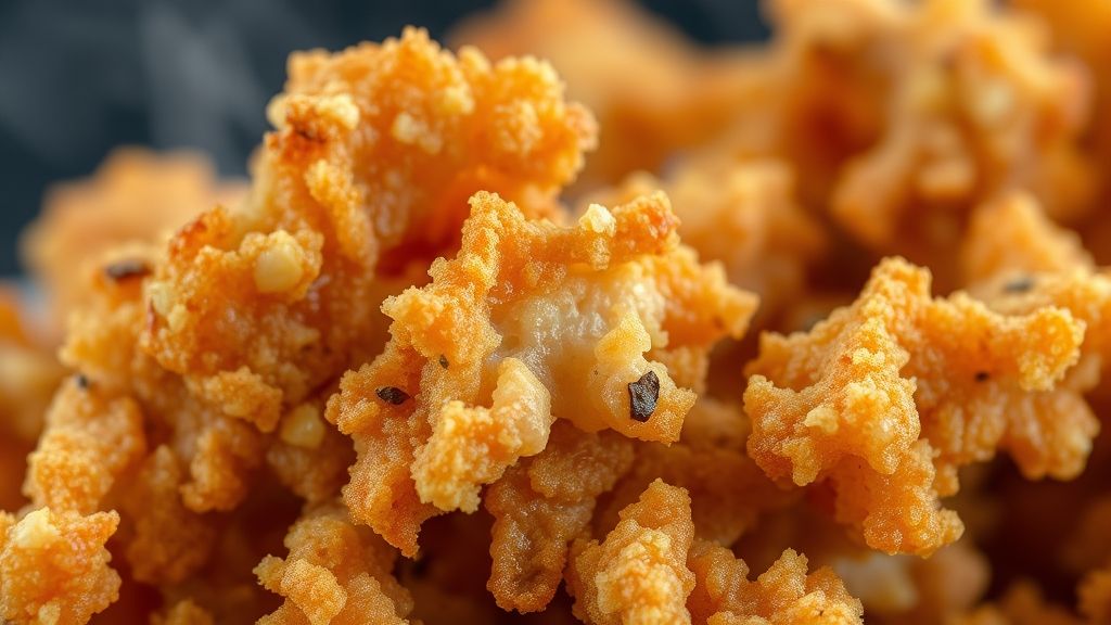 Close-up do torresmo crocante mostrando a textura pururuca e o brilho dourado