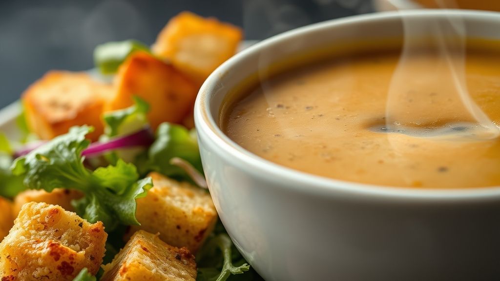 Close-up de croûtons dourados e salada fresca ao lado da sopa servida