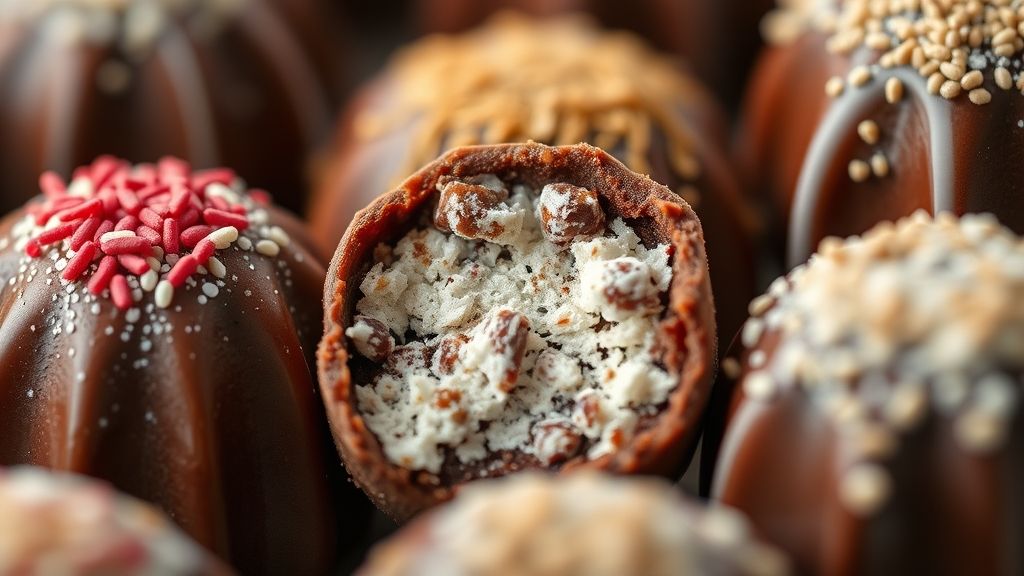 Close-up de brigadeiro e beijinho decorados e prontos para venda, destacando textura e brilho