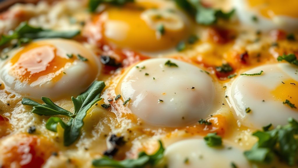 Close-up dos ovos à pizzaiolo com gema cremosa, queijo derretido e folhas de manjericão fresco