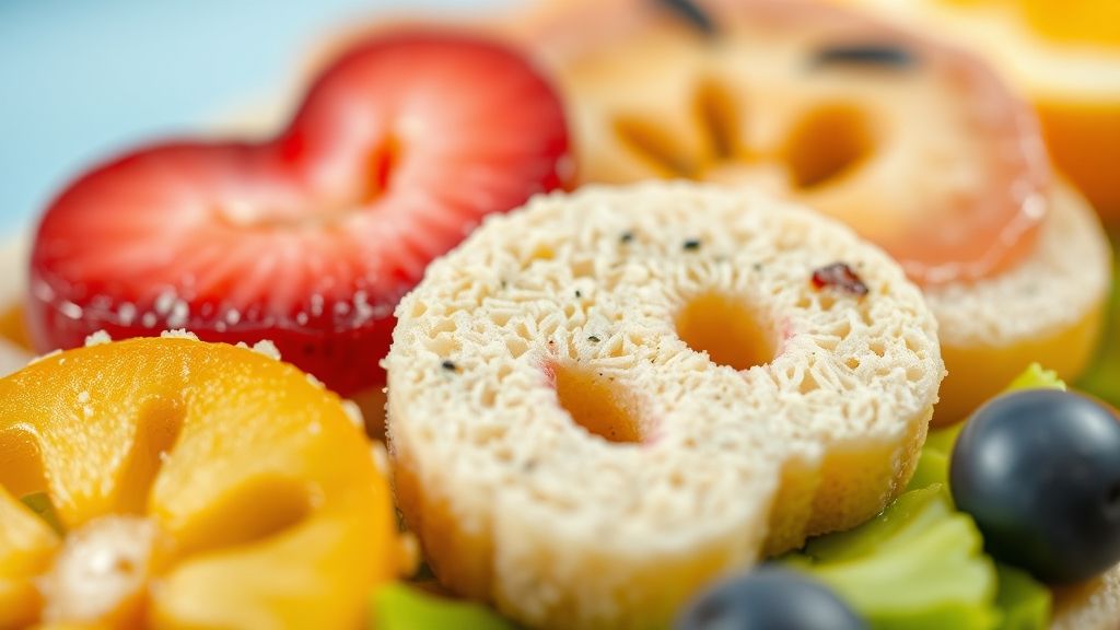 Close-up nos mini-sanduíches e espetinhos prontos, destacando texturas e cores vibrantes dos ingredientes