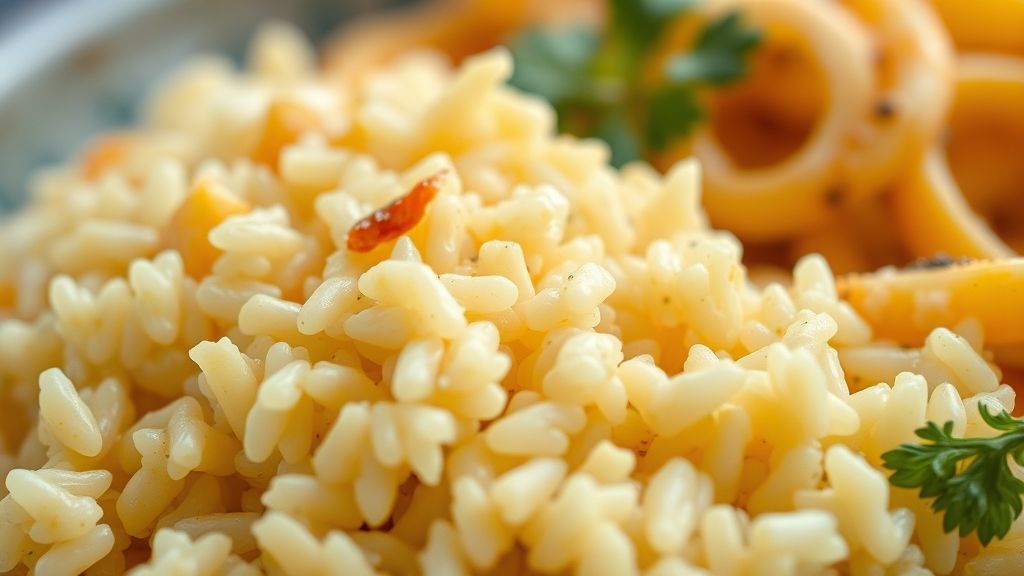 Close-up dos pratos prontos com arroz cremoso, omelete e macarrão, destacando cor e textura